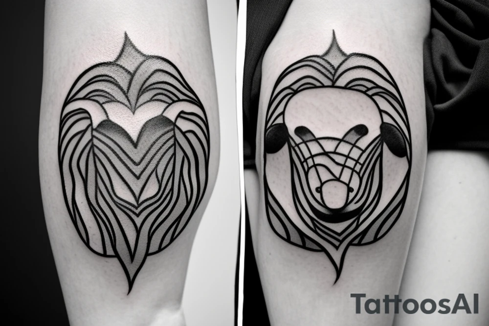 The tattoo is a black and white drawing.
The lines are bold and simple.
The shapes are geometric and stylized.
The shading is minimal.
The shepherd is a man with a long beard and a staff. He is wearing a simple tunic and sandals.
The sheep is a white lamb with brown eyes. tattoo idea