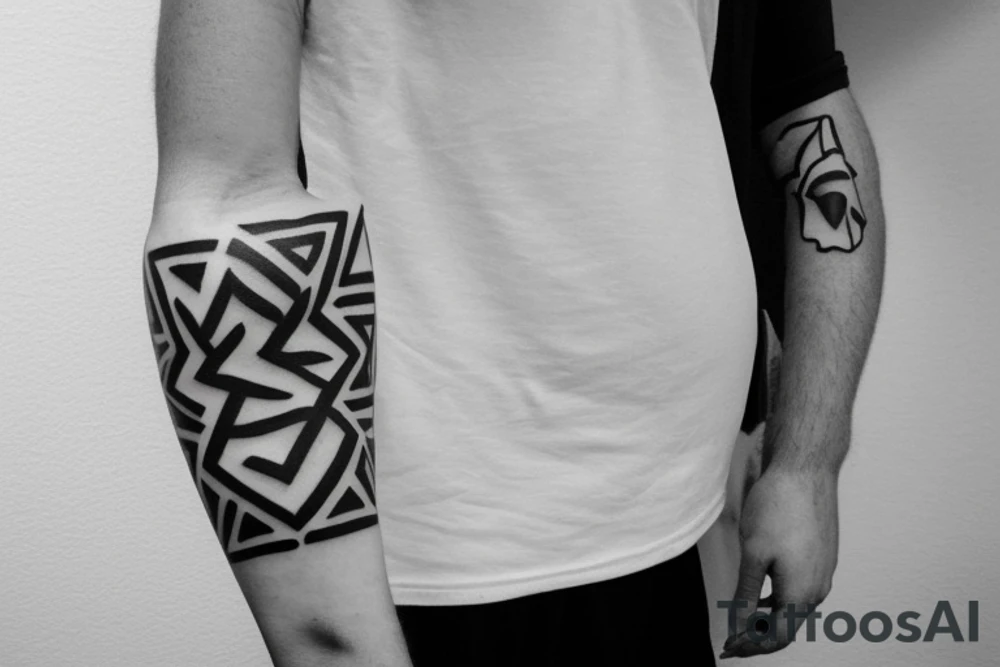 The tattoo is a black and white drawing.
The lines are bold and simple.
The shapes are geometric and stylized.
The shading is minimal.
The shepherd is a man with a long beard and a staff. He is wearing a simple tunic and sandals.
The sheep is a white lamb with brown eyes. tattoo idea