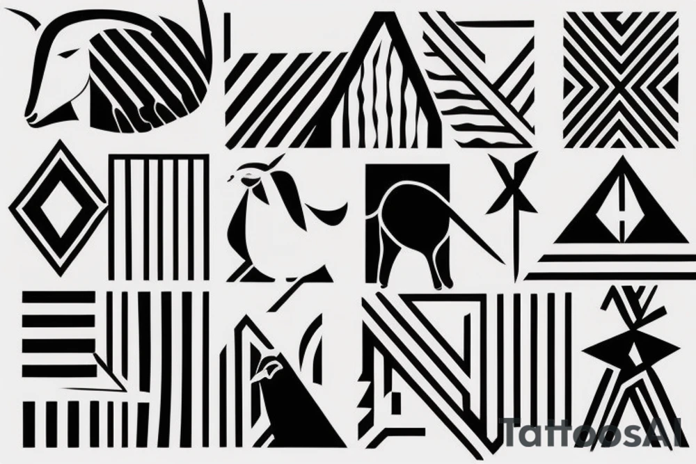 The tattoo is a black and white drawing.
The lines are bold and simple.
The shapes are geometric and stylized.
The shading is minimal.
The shepherd is a man with a long beard and a staff. He is wearing a simple tunic and sandals.
The sheep is a white lamb with brown eyes. tattoo idea