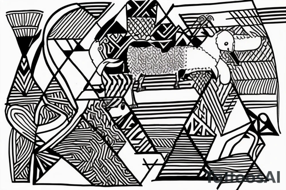 The tattoo is a black and white drawing.
The lines are bold and simple.
The shapes are geometric and stylized.
The shading is minimal.
The shepherd is a man with a long beard and a staff. He is wearing a simple tunic and sandals.
The sheep is a white lamb with brown eyes. tattoo idea