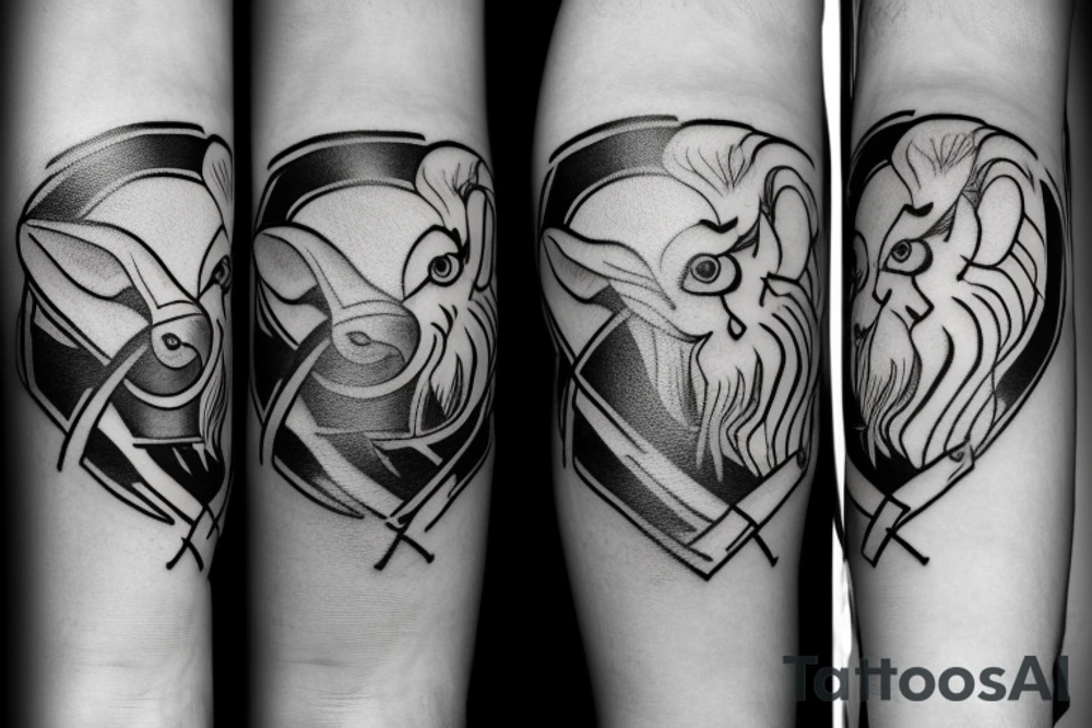 The tattoo is a black and white drawing.
The lines are bold and simple.
The shapes are geometric and stylized.
The shading is minimal.
The shepherd is a man with a long beard and a staff. He is wearing a simple tunic and sandals.
The sheep is a white lamb with brown eyes. tattoo idea