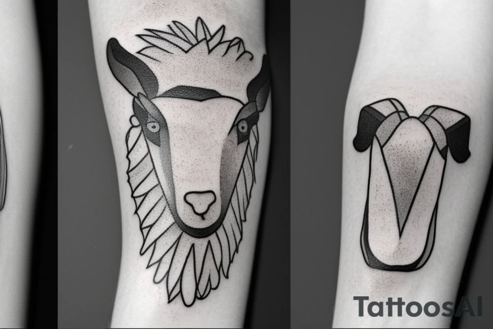 The tattoo is a black and white drawing.
The lines are bold and simple.
The shapes are geometric and stylized.
The shading is minimal.
The shepherd is a man with a long beard and a staff. He is wearing a simple tunic and sandals.
The sheep is a white lamb with brown eyes. tattoo idea