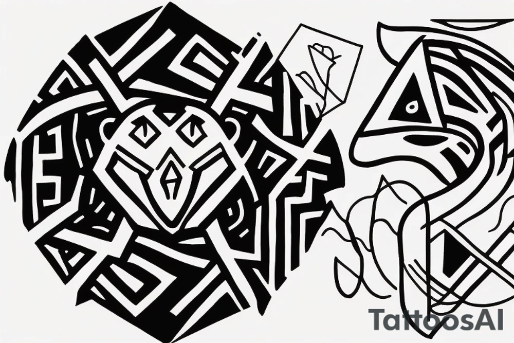 The tattoo is a black and white drawing.
The lines are bold and simple.
The shapes are geometric and stylized.
The shading is minimal.
The shepherd is a man with a long beard and a staff. He is wearing a simple tunic and sandals.
The sheep is a white lamb with brown eyes. tattoo idea