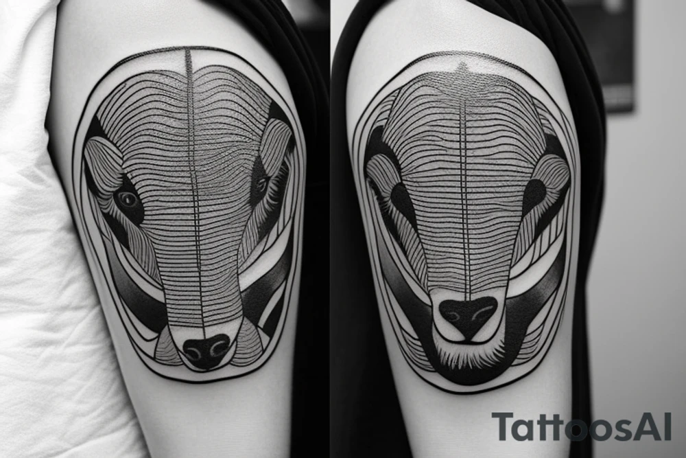 The tattoo is a black and white drawing.
The lines are bold and simple.
The shapes are geometric and stylized.
The shading is minimal.
The shepherd is a man with a long beard and a staff. He is wearing a simple tunic and sandals.
The sheep is a white lamb with brown eyes. tattoo idea