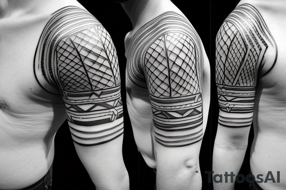 The tattoo is a black and white drawing.
The lines are bold and simple.
The shapes are geometric and stylized.
The shading is minimal.
The shepherd is a man with a long beard and a staff. He is wearing a simple tunic and sandals.
The sheep is a white lamb with brown eyes. tattoo idea