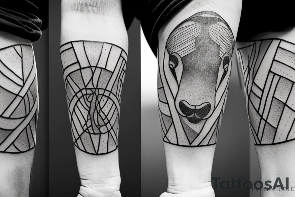 The tattoo is a black and white drawing.
The lines are bold and simple.
The shapes are geometric and stylized.
The shading is minimal.
The shepherd is a man with a long beard and a staff. He is wearing a simple tunic and sandals.
The sheep is a white lamb with brown eyes. tattoo idea