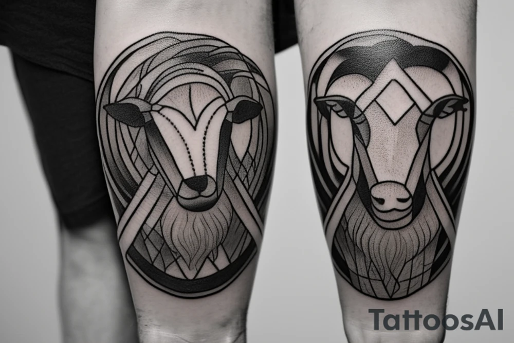 The tattoo is a black and white drawing.
The lines are bold and simple.
The shapes are geometric and stylized.
The shading is minimal.
The shepherd is a man with a long beard and a staff. He is wearing a simple tunic and sandals.
The sheep is a white lamb with brown eyes. tattoo idea