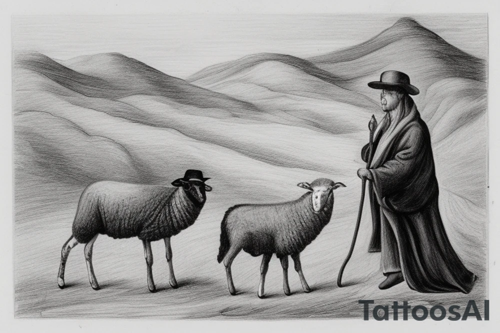 The image shows a black and white drawing of a shepherd with a sheep. The shepherd is a man wearing a long robe and a hat. He is holding a staff in one hand and leading a sheep with the other. The sheep is a white animal with brown spots. It is following the shepherd closely. The background of the image is a simple landscape with hills and trees.

The image is simple and straightforward, but it conveys a powerful message. The shepherd represents Jesus Christ, the Good Shepherd, who leads his flock to safety and protection. The sheep represent the people of God, who are called to follow Jesus and trust in his care.

The image is often used in Christian art and literature. It is a reminder of God's love for his people and his willingness to protect them. It is also a reminder of our responsibility to follow Jesus and live according to his teachings.

Here are some additional details about the image:

The shepherd is wearing a long robe that is tied at the waist. He is also wearing a hat that is pulled down low over his forehead.
The sheep is a white animal with brown spots. It has a long tail and a curly fleece.
The background of the image is a simple landscape with hills and trees. The sky is blue and the sun is shining.
The image is drawn in black and white, but there is some shading to give the figures some depth.
I hope this helps! tattoo idea