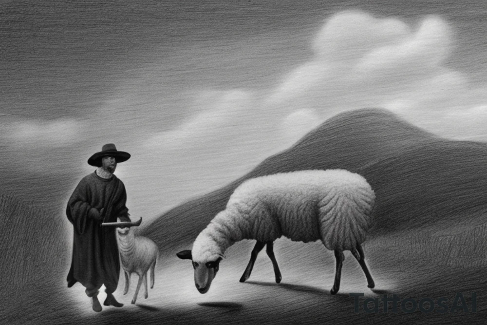 The image shows a black and white drawing of a shepherd with a sheep. The shepherd is a man wearing a long robe and a hat. He is holding a staff in one hand and leading a sheep with the other. The sheep is a white animal with brown spots. It is following the shepherd closely. The background of the image is a simple landscape with hills and trees.

The image is simple and straightforward, but it conveys a powerful message. The shepherd represents Jesus Christ, the Good Shepherd, who leads his flock to safety and protection. The sheep represent the people of God, who are called to follow Jesus and trust in his care.

The image is often used in Christian art and literature. It is a reminder of God's love for his people and his willingness to protect them. It is also a reminder of our responsibility to follow Jesus and live according to his teachings.

Here are some additional details about the image:

The shepherd is wearing a long robe that is tied at the waist. He is also wearing a hat that is pulled down low over his forehead.
The sheep is a white animal with brown spots. It has a long tail and a curly fleece.
The background of the image is a simple landscape with hills and trees. The sky is blue and the sun is shining.
The image is drawn in black and white, but there is some shading to give the figures some depth.
I hope this helps! tattoo idea