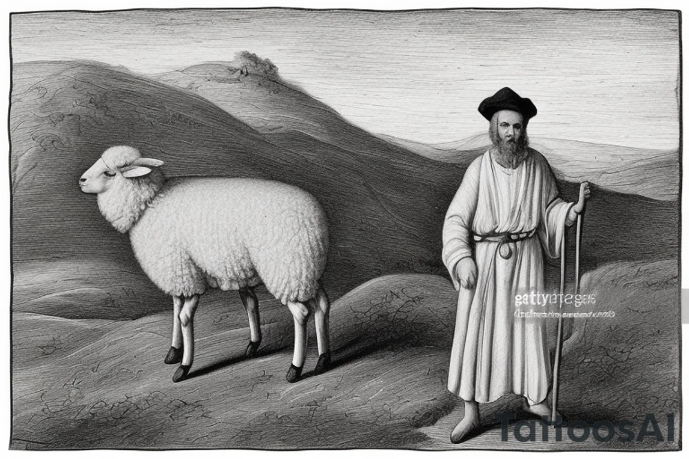 The image shows a black and white drawing of a shepherd with a sheep. The shepherd is a man wearing a long robe and a hat. He is holding a staff in one hand and leading a sheep with the other. The sheep is a white animal with brown spots. It is following the shepherd closely. The background of the image is a simple landscape with hills and trees.

The image is simple and straightforward, but it conveys a powerful message. The shepherd represents Jesus Christ, the Good Shepherd, who leads his flock to safety and protection. The sheep represent the people of God, who are called to follow Jesus and trust in his care.

The image is often used in Christian art and literature. It is a reminder of God's love for his people and his willingness to protect them. It is also a reminder of our responsibility to follow Jesus and live according to his teachings.

Here are some additional details about the image:

The shepherd is wearing a long robe that is tied at the waist. He is also wearing a hat that is pulled down low over his forehead.
The sheep is a white animal with brown spots. It has a long tail and a curly fleece.
The background of the image is a simple landscape with hills and trees. The sky is blue and the sun is shining.
The image is drawn in black and white, but there is some shading to give the figures some depth.
I hope this helps! tattoo idea