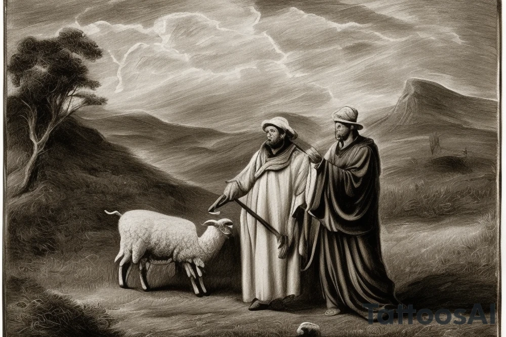 The image shows a black and white drawing of a shepherd with a sheep. The shepherd is a man wearing a long robe and a hat. He is holding a staff in one hand and leading a sheep with the other. The sheep is a white animal with brown spots. It is following the shepherd closely. The background of the image is a simple landscape with hills and trees.

The image is simple and straightforward, but it conveys a powerful message. The shepherd represents Jesus Christ, the Good Shepherd, who leads his flock to safety and protection. The sheep represent the people of God, who are called to follow Jesus and trust in his care.

The image is often used in Christian art and literature. It is a reminder of God's love for his people and his willingness to protect them. It is also a reminder of our responsibility to follow Jesus and live according to his teachings.

Here are some additional details about the image:

The shepherd is wearing a long robe that is tied at the waist. He is also wearing a hat that is pulled down low over his forehead.
The sheep is a white animal with brown spots. It has a long tail and a curly fleece.
The background of the image is a simple landscape with hills and trees. The sky is blue and the sun is shining.
The image is drawn in black and white, but there is some shading to give the figures some depth.
I hope this helps! tattoo idea