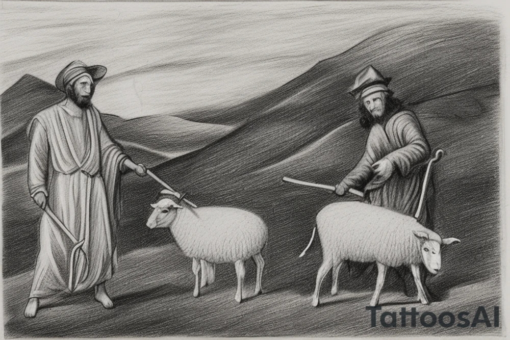 The image shows a black and white drawing of a shepherd with a sheep. The shepherd is a man wearing a long robe and a hat. He is holding a staff in one hand and leading a sheep with the other. The sheep is a white animal with brown spots. It is following the shepherd closely. The background of the image is a simple landscape with hills and trees.

The image is simple and straightforward, but it conveys a powerful message. The shepherd represents Jesus Christ, the Good Shepherd, who leads his flock to safety and protection. The sheep represent the people of God, who are called to follow Jesus and trust in his care.

The image is often used in Christian art and literature. It is a reminder of God's love for his people and his willingness to protect them. It is also a reminder of our responsibility to follow Jesus and live according to his teachings.

Here are some additional details about the image:

The shepherd is wearing a long robe that is tied at the waist. He is also wearing a hat that is pulled down low over his forehead.
The sheep is a white animal with brown spots. It has a long tail and a curly fleece.
The background of the image is a simple landscape with hills and trees. The sky is blue and the sun is shining.
The image is drawn in black and white, but there is some shading to give the figures some depth.
I hope this helps! tattoo idea
