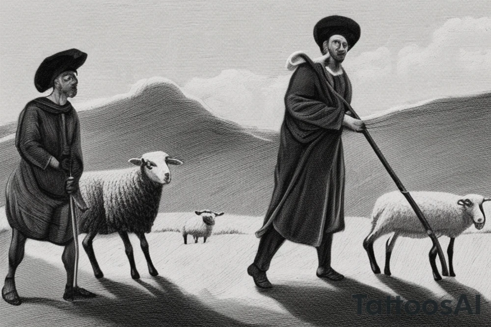 The image shows a black and white drawing of a shepherd with a sheep. The shepherd is a man wearing a long robe and a hat. He is holding a staff in one hand and leading a sheep with the other. The sheep is a white animal with brown spots. It is following the shepherd closely. The background of the image is a simple landscape with hills and trees.

The image is simple and straightforward, but it conveys a powerful message. The shepherd represents Jesus Christ, the Good Shepherd, who leads his flock to safety and protection. The sheep represent the people of God, who are called to follow Jesus and trust in his care.

The image is often used in Christian art and literature. It is a reminder of God's love for his people and his willingness to protect them. It is also a reminder of our responsibility to follow Jesus and live according to his teachings.

Here are some additional details about the image:

The shepherd is wearing a long robe that is tied at the waist. He is also wearing a hat that is pulled down low over his forehead.
The sheep is a white animal with brown spots. It has a long tail and a curly fleece.
The background of the image is a simple landscape with hills and trees. The sky is blue and the sun is shining.
The image is drawn in black and white, but there is some shading to give the figures some depth.
I hope this helps! tattoo idea