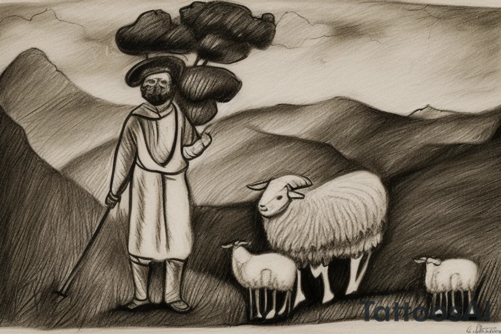 The image shows a black and white drawing of a shepherd with a sheep. The shepherd is a man wearing a long robe and a hat. He is holding a staff in one hand and leading a sheep with the other. The sheep is a white animal with brown spots. It is following the shepherd closely. The background of the image is a simple landscape with hills and trees.

The image is simple and straightforward, but it conveys a powerful message. The shepherd represents Jesus Christ, the Good Shepherd, who leads his flock to safety and protection. The sheep represent the people of God, who are called to follow Jesus and trust in his care.

The image is often used in Christian art and literature. It is a reminder of God's love for his people and his willingness to protect them. It is also a reminder of our responsibility to follow Jesus and live according to his teachings.

Here are some additional details about the image:

The shepherd is wearing a long robe that is tied at the waist. He is also wearing a hat that is pulled down low over his forehead.
The sheep is a white animal with brown spots. It has a long tail and a curly fleece.
The background of the image is a simple landscape with hills and trees. The sky is blue and the sun is shining.
The image is drawn in black and white, but there is some shading to give the figures some depth.
I hope this helps! tattoo idea