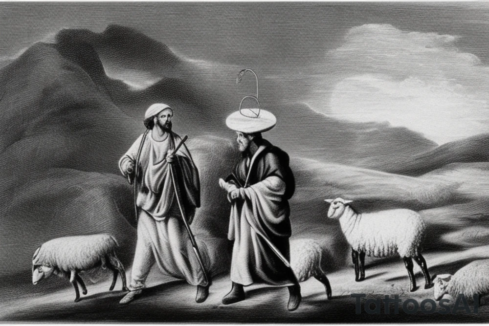 The image shows a black and white drawing of a shepherd with a sheep. The shepherd is a man wearing a long robe and a hat. He is holding a staff in one hand and leading a sheep with the other. The sheep is a white animal with brown spots. It is following the shepherd closely. The background of the image is a simple landscape with hills and trees.

The image is simple and straightforward, but it conveys a powerful message. The shepherd represents Jesus Christ, the Good Shepherd, who leads his flock to safety and protection. The sheep represent the people of God, who are called to follow Jesus and trust in his care.

The image is often used in Christian art and literature. It is a reminder of God's love for his people and his willingness to protect them. It is also a reminder of our responsibility to follow Jesus and live according to his teachings.

Here are some additional details about the image:

The shepherd is wearing a long robe that is tied at the waist. He is also wearing a hat that is pulled down low over his forehead.
The sheep is a white animal with brown spots. It has a long tail and a curly fleece.
The background of the image is a simple landscape with hills and trees. The sky is blue and the sun is shining.
The image is drawn in black and white, but there is some shading to give the figures some depth.
I hope this helps! tattoo idea