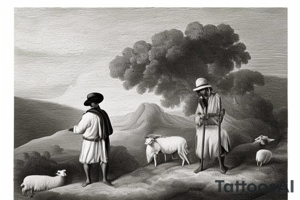 The image shows a black and white drawing of a shepherd with a sheep. The shepherd is a man wearing a long robe and a hat. He is holding a staff in one hand and leading a sheep with the other. The sheep is a white animal with brown spots. It is following the shepherd closely. The background of the image is a simple landscape with hills and trees.

The image is simple and straightforward, but it conveys a powerful message. The shepherd represents Jesus Christ, the Good Shepherd, who leads his flock to safety and protection. The sheep represent the people of God, who are called to follow Jesus and trust in his care.

The image is often used in Christian art and literature. It is a reminder of God's love for his people and his willingness to protect them. It is also a reminder of our responsibility to follow Jesus and live according to his teachings.

Here are some additional details about the image:

The shepherd is wearing a long robe that is tied at the waist. He is also wearing a hat that is pulled down low over his forehead.
The sheep is a white animal with brown spots. It has a long tail and a curly fleece.
The background of the image is a simple landscape with hills and trees. The sky is blue and the sun is shining.
The image is drawn in black and white, but there is some shading to give the figures some depth.
I hope this helps! tattoo idea