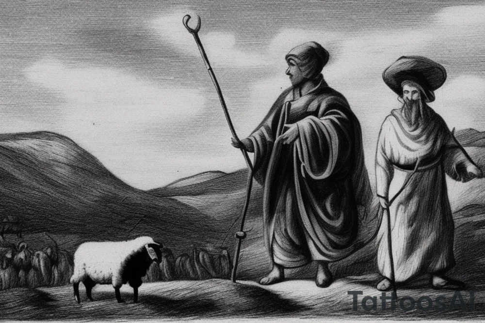 The image shows a black and white drawing of a shepherd with a sheep. The shepherd is a man wearing a long robe and a hat. He is holding a staff in one hand and leading a sheep with the other. The sheep is a white animal with brown spots. It is following the shepherd closely. The background of the image is a simple landscape with hills and trees.

The image is simple and straightforward, but it conveys a powerful message. The shepherd represents Jesus Christ, the Good Shepherd, who leads his flock to safety and protection. The sheep represent the people of God, who are called to follow Jesus and trust in his care.

The image is often used in Christian art and literature. It is a reminder of God's love for his people and his willingness to protect them. It is also a reminder of our responsibility to follow Jesus and live according to his teachings.

Here are some additional details about the image:

The shepherd is wearing a long robe that is tied at the waist. He is also wearing a hat that is pulled down low over his forehead.
The sheep is a white animal with brown spots. It has a long tail and a curly fleece.
The background of the image is a simple landscape with hills and trees. The sky is blue and the sun is shining.
The image is drawn in black and white, but there is some shading to give the figures some depth.
I hope this helps! tattoo idea