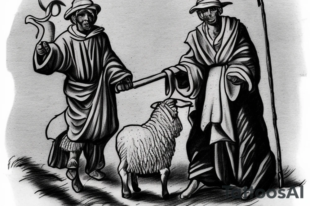 The image shows a black and white drawing of a shepherd with a sheep. The shepherd is a man wearing a long robe and a hat. He is holding a staff in one hand and leading a sheep with the other. The sheep is a white animal with brown spots. It is following the shepherd closely. There is no background in the tattoo. tattoo idea