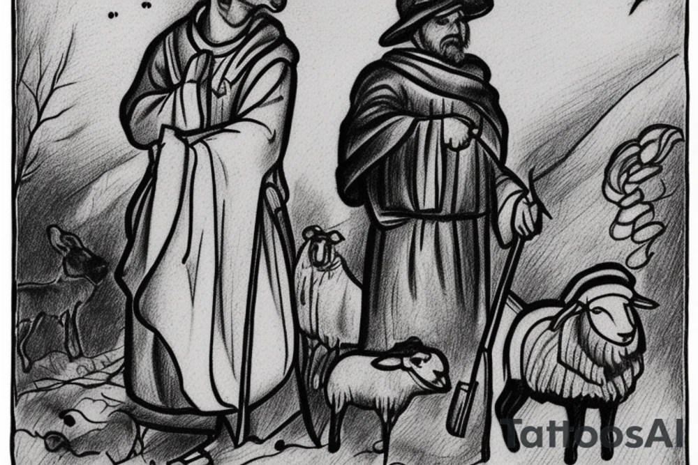 The image shows a black and white drawing of a shepherd with a sheep. The shepherd is a man wearing a long robe and a hat. He is holding a staff in one hand and leading a sheep with the other. The sheep is a white animal with brown spots. It is following the shepherd closely. There is no background in the tattoo. tattoo idea