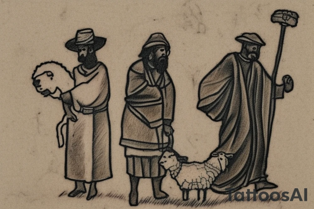 The image shows a black and white drawing of a shepherd with a sheep. The shepherd is a man wearing a long robe and a hat. He is holding a staff in one hand and leading a sheep with the other. The sheep is a white animal with brown spots. It is following the shepherd closely. There is no background in the tattoo. tattoo idea