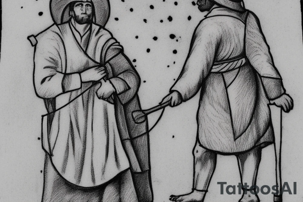 The image shows a black and white drawing of a shepherd with a sheep. The shepherd is a man wearing a long robe and a hat. He is holding a staff in one hand and leading a sheep with the other. The sheep is a white animal with brown spots. It is following the shepherd closely. There is no background in the tattoo. tattoo idea