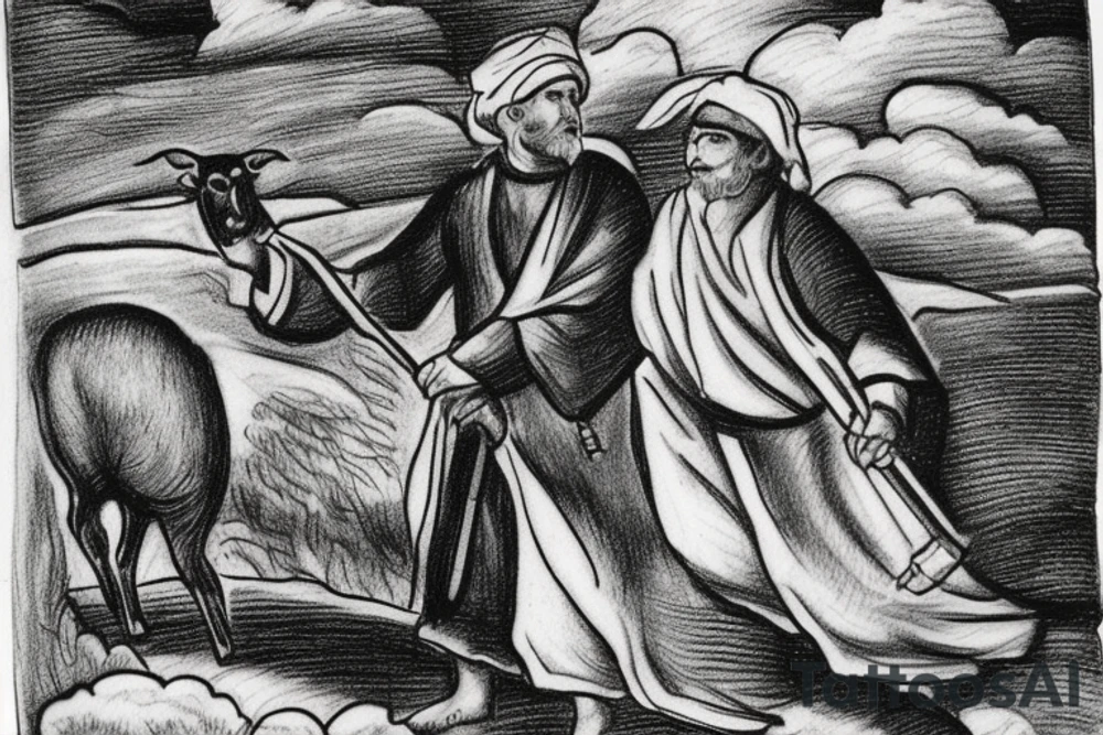 The image shows a black and white drawing of a shepherd with a sheep. The shepherd is a man wearing a long robe and a hat. He is holding a staff in one hand and leading a sheep with the other. The sheep is a white animal with brown spots. It is following the shepherd closely. There is no background in the tattoo. tattoo idea