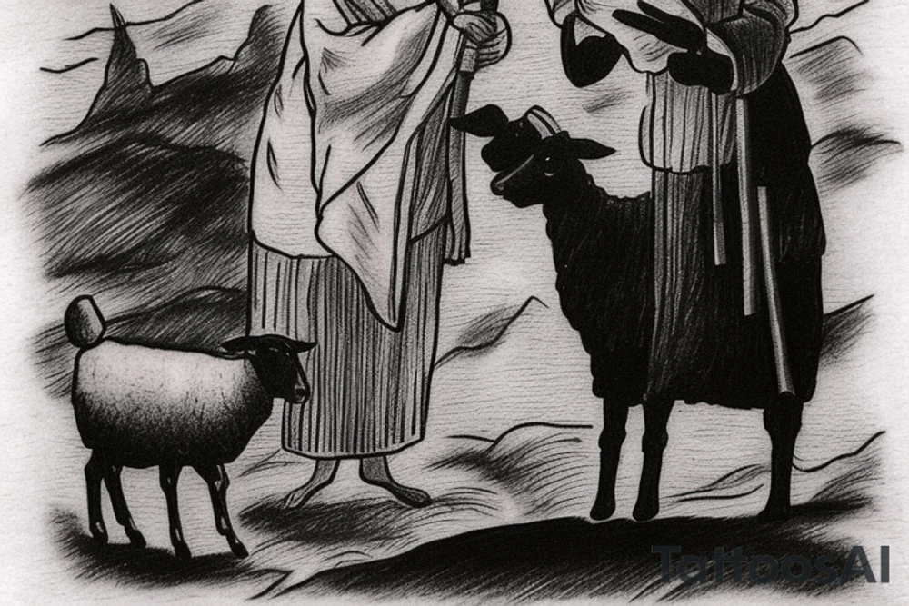 The image shows a black and white drawing of a shepherd with a sheep. The shepherd is a man wearing a long robe and a hat. He is holding a staff in one hand and leading a sheep with the other. The sheep is a white animal with brown spots. It is following the shepherd closely. There is no background in the tattoo. tattoo idea