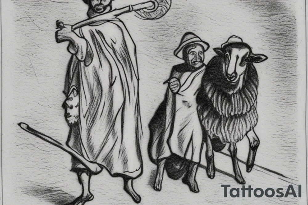 The image shows a black and white drawing of a shepherd with a sheep. The shepherd is a man wearing a long robe and a hat. He is holding a staff in one hand and leading a sheep with the other. The sheep is a white animal with brown spots. It is following the shepherd closely. There is no background in the tattoo. tattoo idea