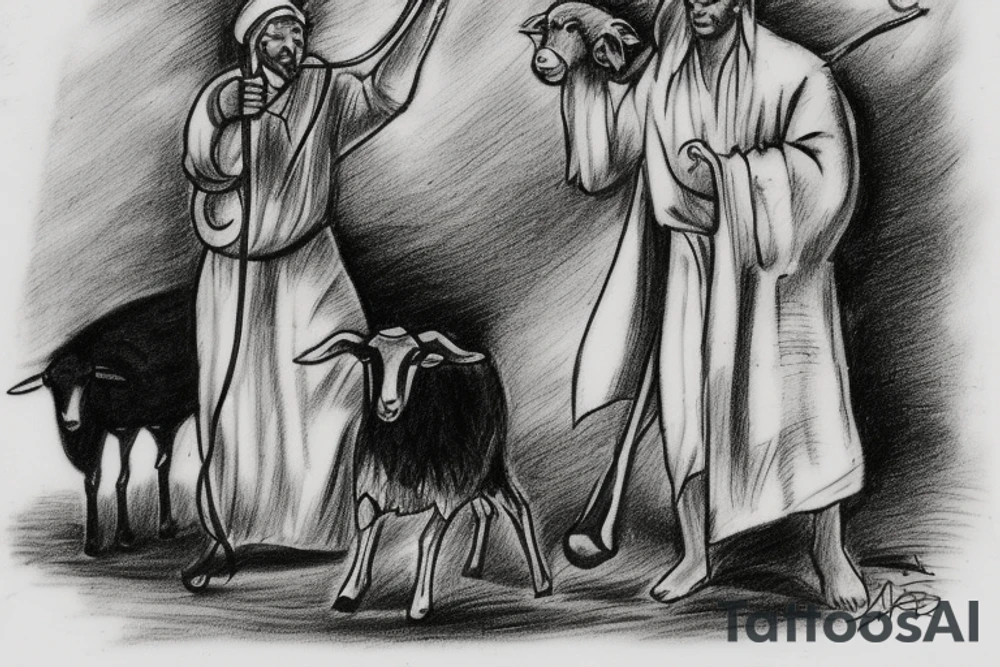 The image shows a black and white drawing of a shepherd with a sheep. The shepherd is a man wearing a long robe and a hat. He is holding a staff in one hand and leading a sheep with the other. The sheep is a white animal with brown spots. It is following the shepherd closely. There is no background in the tattoo. tattoo idea