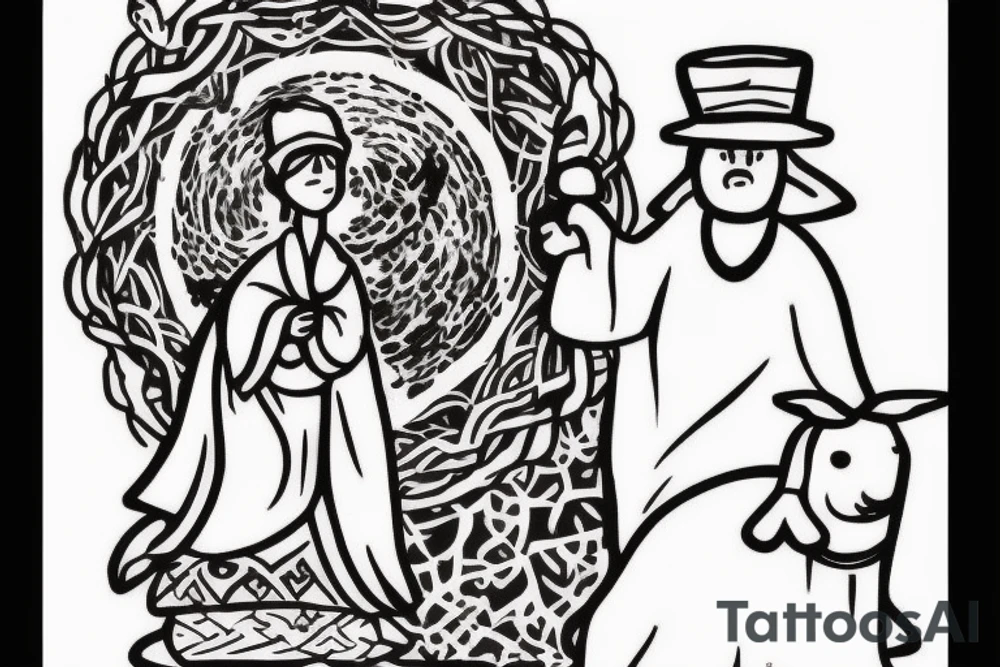 the design e shows a black and white drawing of a shepherd with a sheep. The shepherd is a man wearing a long robe and a hat. He is holding a staff in one hand and leading a sheep with the other. The sheep is a white animal with brown spots. It is following the shepherd closely. There is no background in the tattoo. tattoo idea