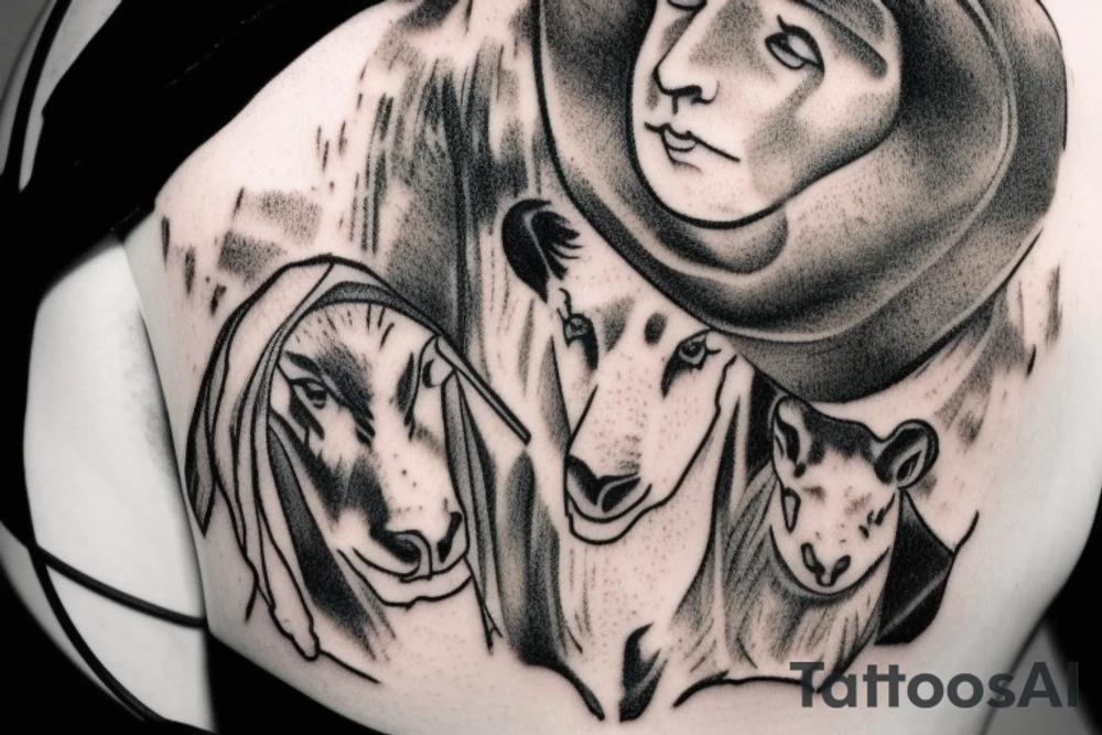 the design e shows a black and white drawing of a shepherd with a sheep. The shepherd is a man wearing a long robe and a hat. He is holding a staff in one hand and leading a sheep with the other. The sheep is a white animal with brown spots. It is following the shepherd closely. There is no background in the tattoo. tattoo idea