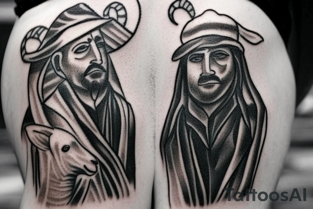 the design e shows a black and white drawing of a shepherd with a sheep. The shepherd is a man wearing a long robe and a hat. He is holding a staff in one hand and leading a sheep with the other. The sheep is a white animal with brown spots. It is following the shepherd closely. There is no background in the tattoo. tattoo idea