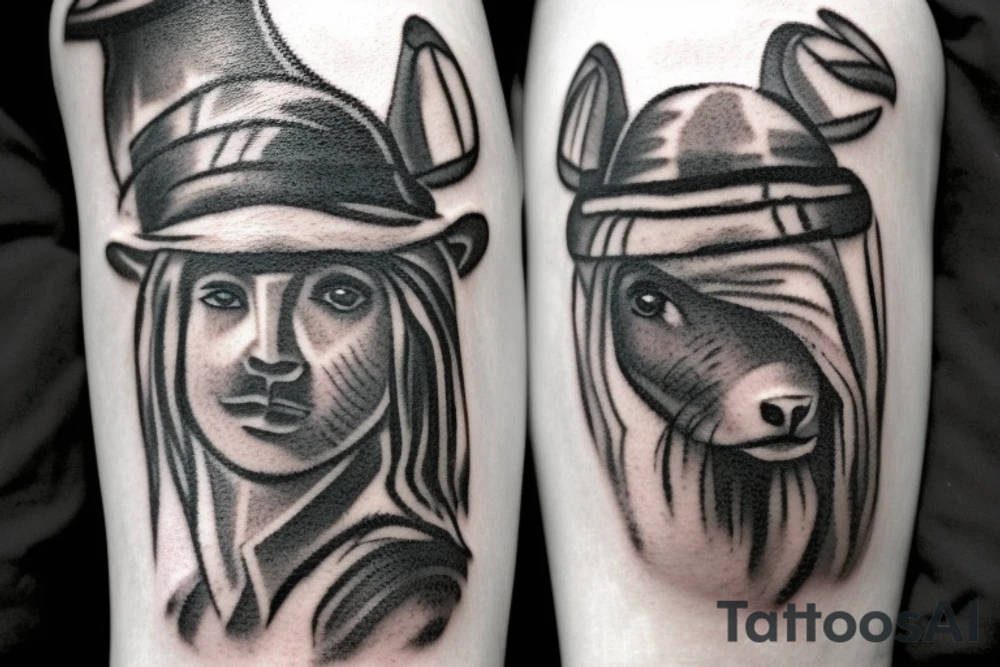 the design e shows a black and white drawing of a shepherd with a sheep. The shepherd is a man wearing a long robe and a hat. He is holding a staff in one hand and leading a sheep with the other. The sheep is a white animal with brown spots. It is following the shepherd closely. There is no background in the tattoo. tattoo idea