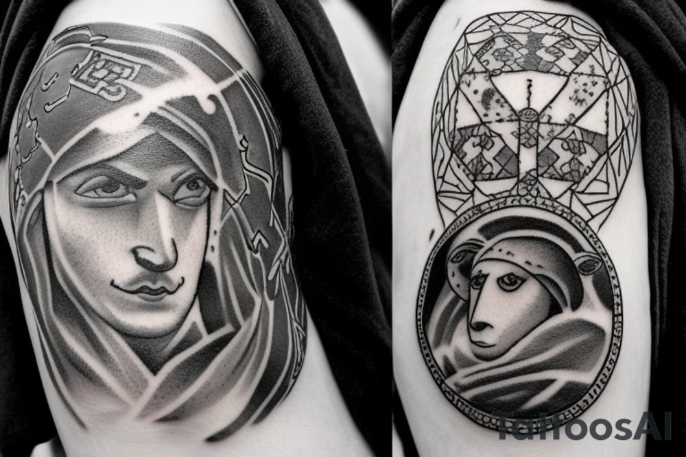 the design e shows a black and white drawing of a shepherd with a sheep. The shepherd is a man wearing a long robe and a hat. He is holding a staff in one hand and leading a sheep with the other. The sheep is a white animal with brown spots. It is following the shepherd closely. There is no background in the tattoo. tattoo idea