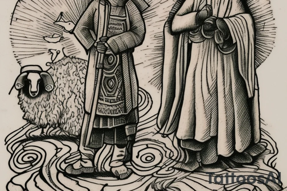 the design e shows a black and white drawing of a shepherd with a sheep. The shepherd is a man wearing a long robe and a hat. He is holding a staff in one hand and leading a sheep with the other. The sheep is a white animal with brown spots. It is following the shepherd closely. There is no background in the tattoo. tattoo idea
