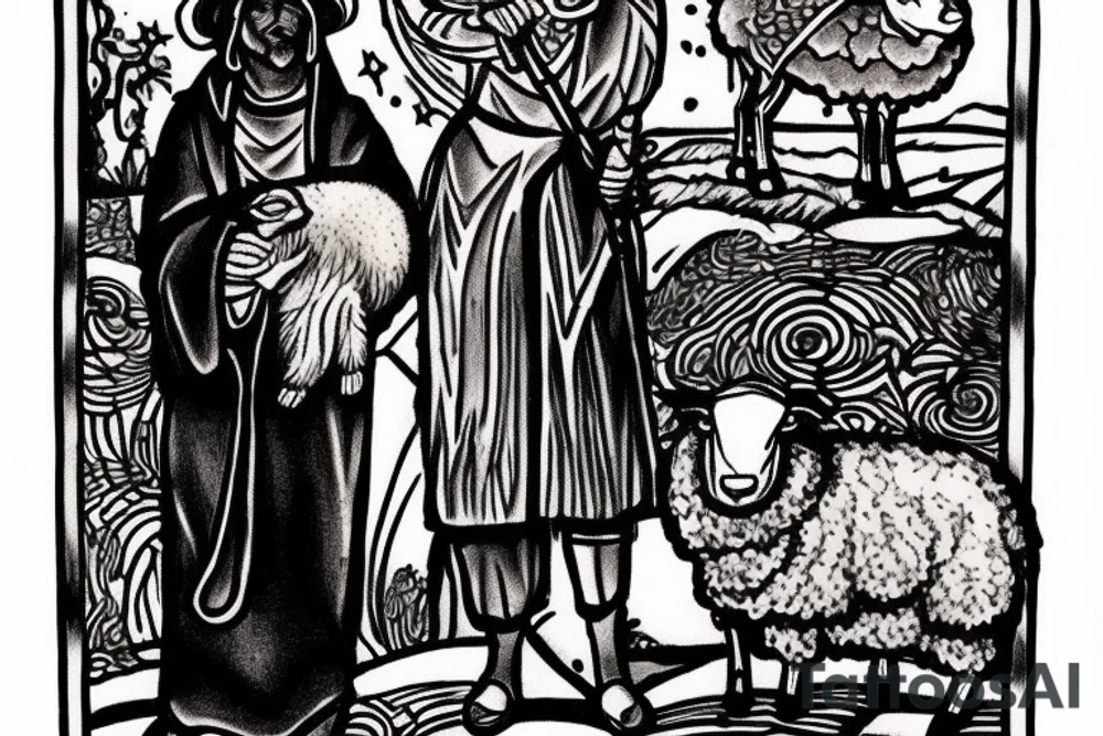the design e shows a black and white drawing of a shepherd with a sheep. The shepherd is a man wearing a long robe and a hat. He is holding a staff in one hand and leading a sheep with the other. The sheep is a white animal with brown spots. It is following the shepherd closely. There is no background in the tattoo. tattoo idea