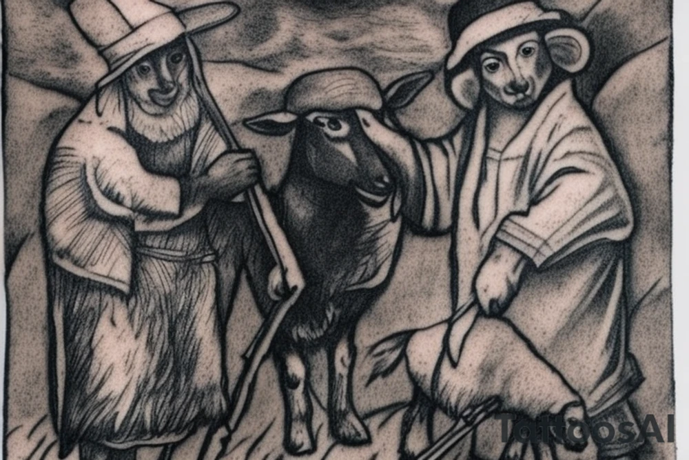 the design e shows a black and white drawing of a shepherd with a sheep. The shepherd is a man wearing a long robe and a hat. He is holding a staff in one hand and leading a sheep with the other. The sheep is a white animal with brown spots. It is following the shepherd closely. There is no background in the tattoo. tattoo idea