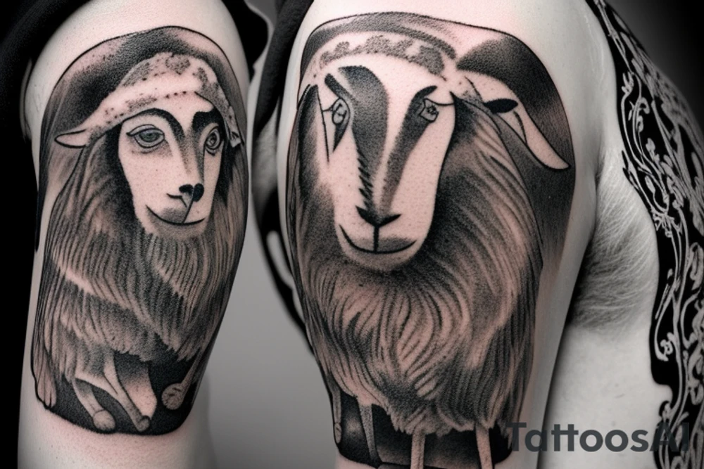 the design e shows a black and white drawing of a shepherd with a sheep. The shepherd is a man wearing a long robe and a hat. He is holding a staff in one hand and leading a sheep with the other. The sheep is a white animal with brown spots. It is following the shepherd closely. There is no background in the tattoo. tattoo idea