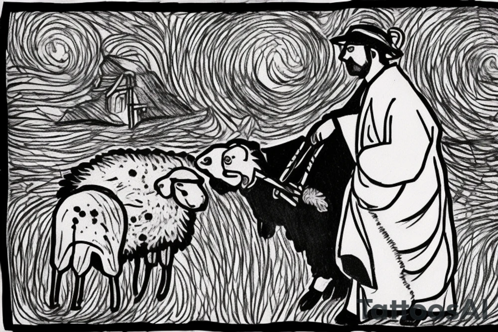 the design e shows a black and white drawing of a shepherd with a sheep. The shepherd is a man wearing a long robe and a hat. He is holding a staff in one hand and leading a sheep with the other. The sheep is a white animal with brown spots. It is following the shepherd closely. There is no background in the tattoo. tattoo idea