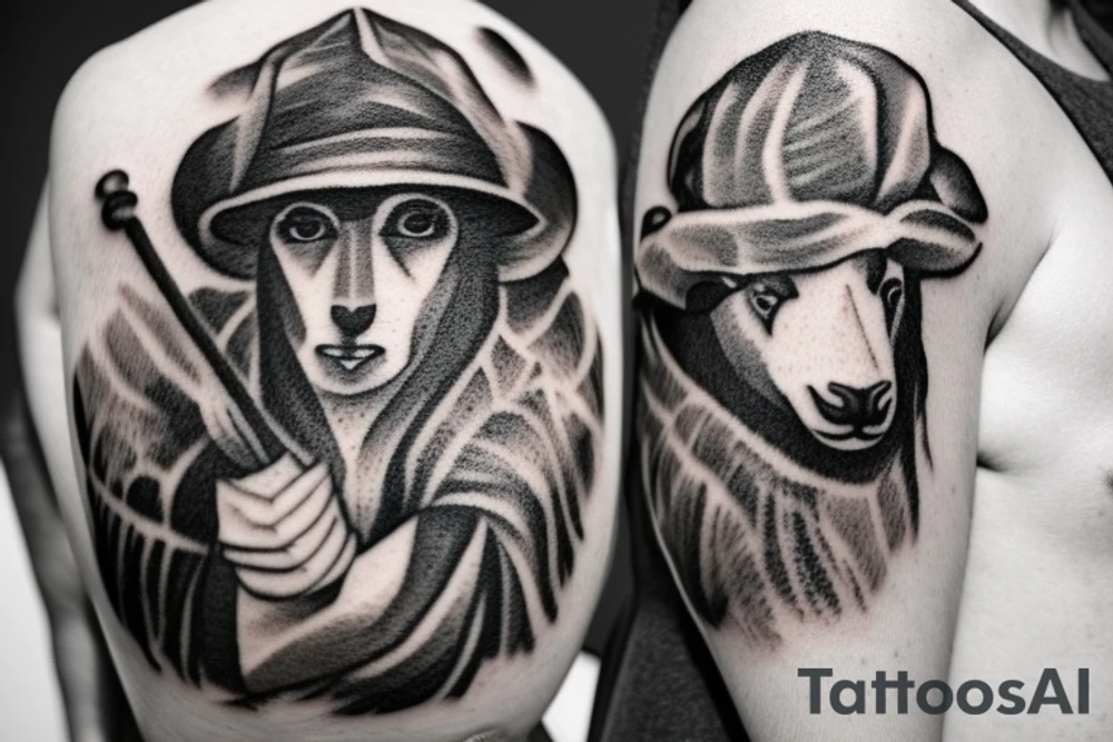 the design e shows a black and white drawing of a shepherd with a sheep. The shepherd is a man wearing a long robe and a hat. He is holding a staff in one hand and leading a sheep with the other. The sheep is a white animal with brown spots. It is following the shepherd closely. There is no background in the tattoo. tattoo idea