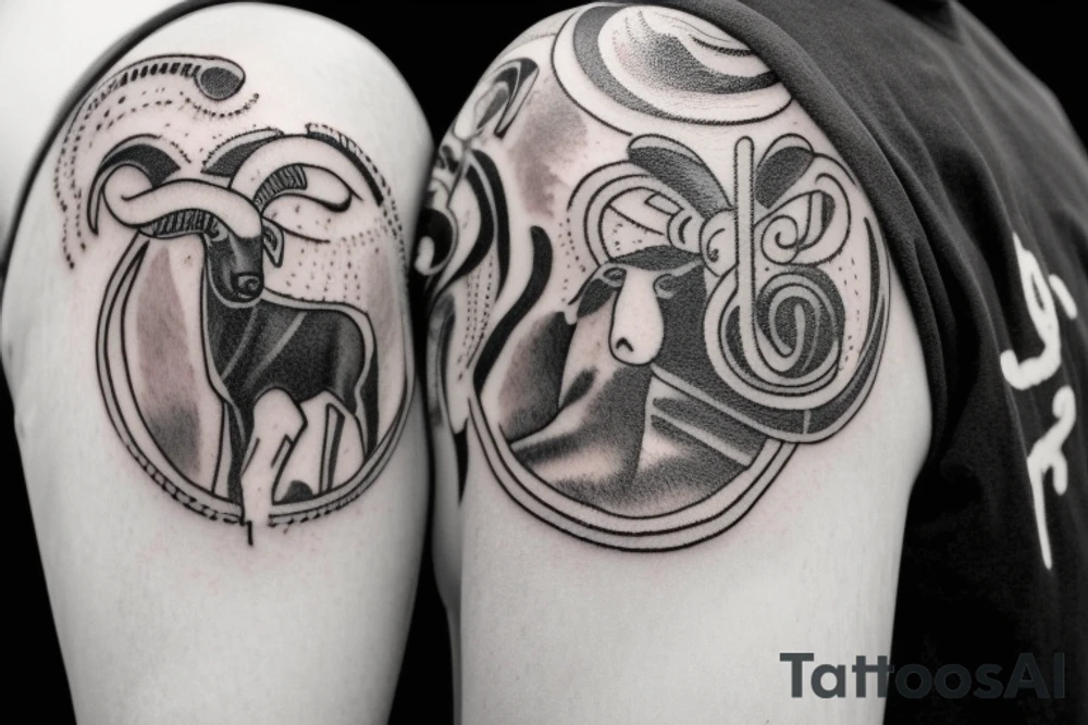 the design e shows a black and white drawing of a shepherd with a sheep. The shepherd is a man wearing a long robe and a hat. He is holding a staff in one hand and leading a sheep with the other. The sheep is a white animal with brown spots. It is following the shepherd closely. There is no background in the tattoo. tattoo idea