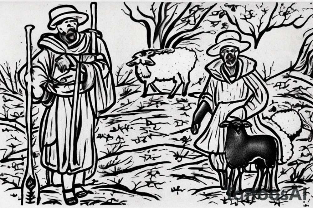 the design e shows a black and white drawing of a shepherd with a sheep. The shepherd is a man wearing a long robe and a hat. He is holding a staff in one hand and leading a sheep with the other. The sheep is a white animal with brown spots. It is following the shepherd closely. There is no background in the tattoo. tattoo idea
