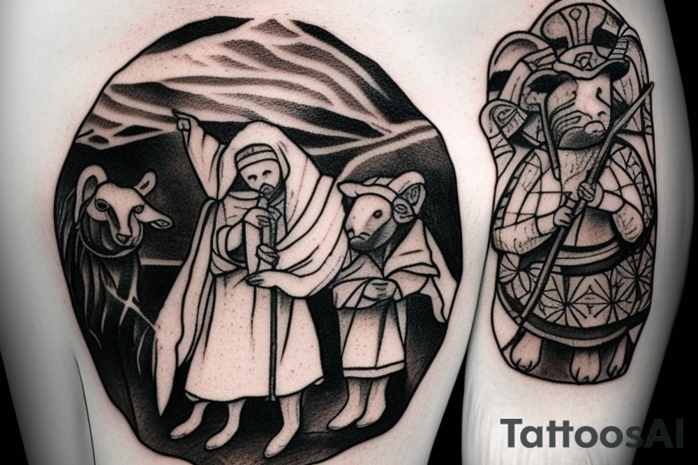 the design e shows a black and white drawing of a shepherd with a sheep. The shepherd is a man wearing a long robe and a hat. He is holding a staff in one hand and leading a sheep with the other. The sheep is a white animal with brown spots. It is following the shepherd closely. There is no background in the tattoo. tattoo idea