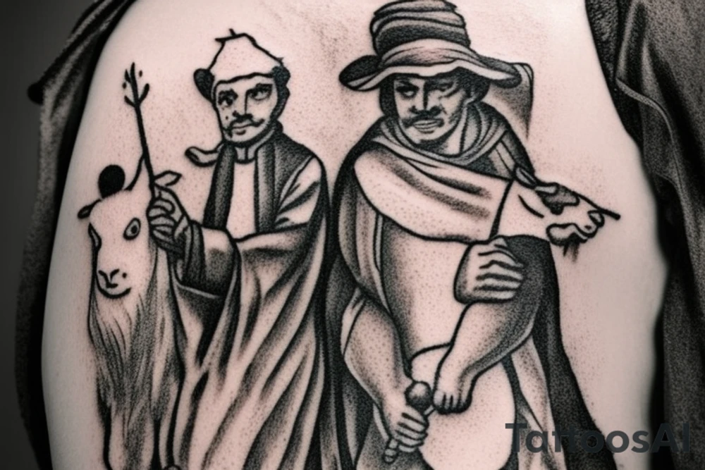 the design e shows a black and white drawing of a shepherd with a sheep. The shepherd is a man wearing a long robe and a hat. He is holding a staff in one hand and leading a sheep with the other. The sheep is a white animal with brown spots. It is following the shepherd closely. There is no background in the tattoo. tattoo idea