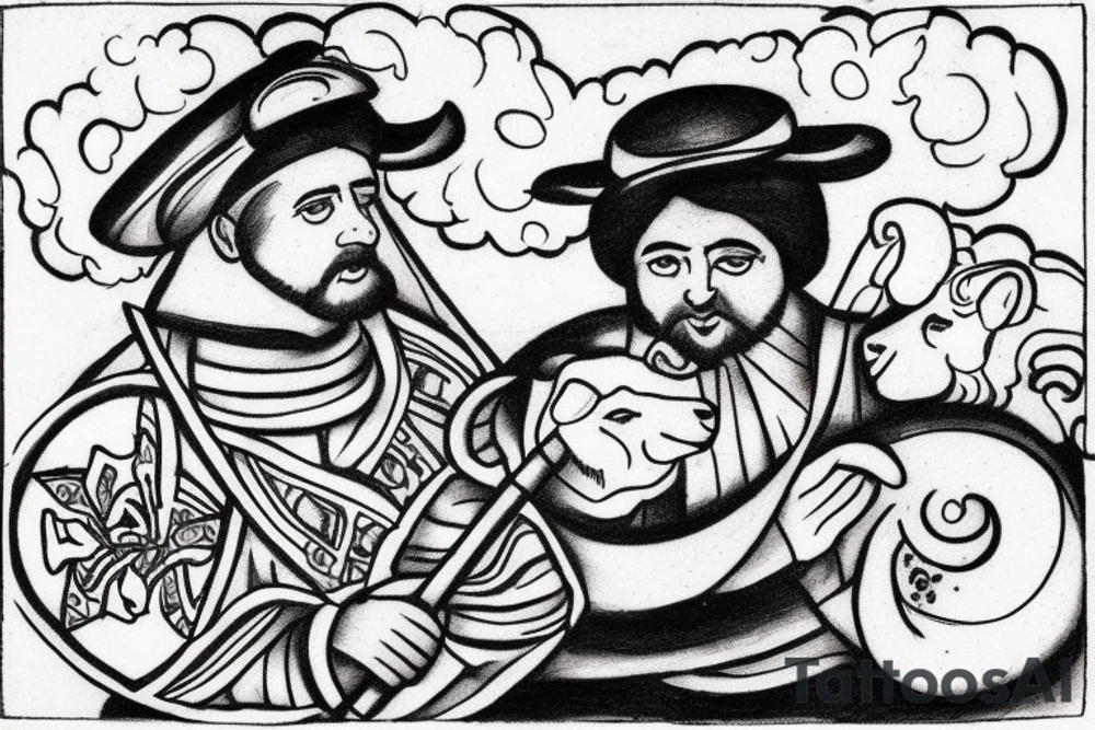 the design e shows a black and white drawing of a shepherd with a sheep. The shepherd is a man wearing a long robe and a hat. He is holding a staff in one hand and leading a sheep with the other. The sheep is a white animal with brown spots. It is following the shepherd closely. There is no background in the tattoo. tattoo idea