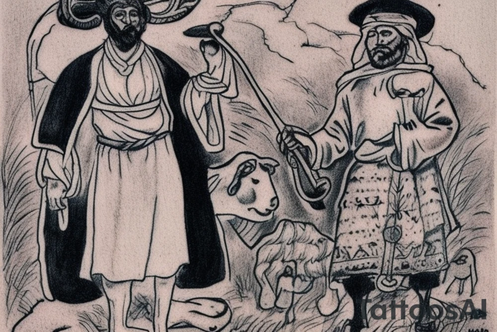 the design e shows a black and white drawing of a shepherd with a sheep. The shepherd is a man wearing a long robe and a hat. He is holding a staff in one hand and leading a sheep with the other. The sheep is a white animal with brown spots. It is following the shepherd closely. There is no background in the tattoo. tattoo idea
