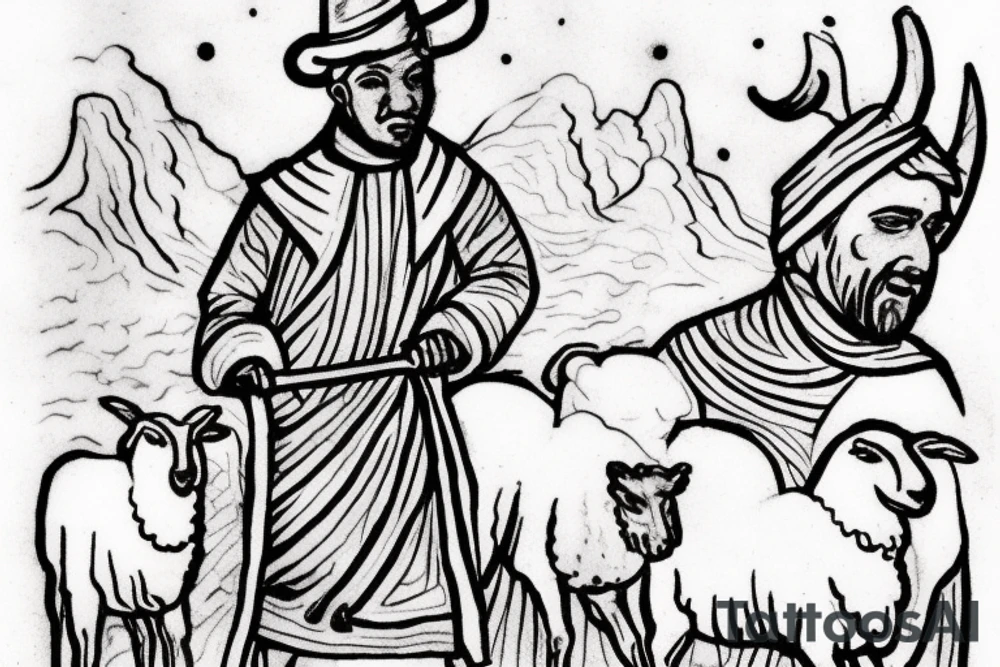 the design e shows a black and white drawing of a shepherd with a sheep. The shepherd is a man wearing a long robe and a hat. He is holding a staff in one hand and leading a sheep with the other. The sheep is a white animal with brown spots. It is following the shepherd closely. There is no background in the tattoo. tattoo idea