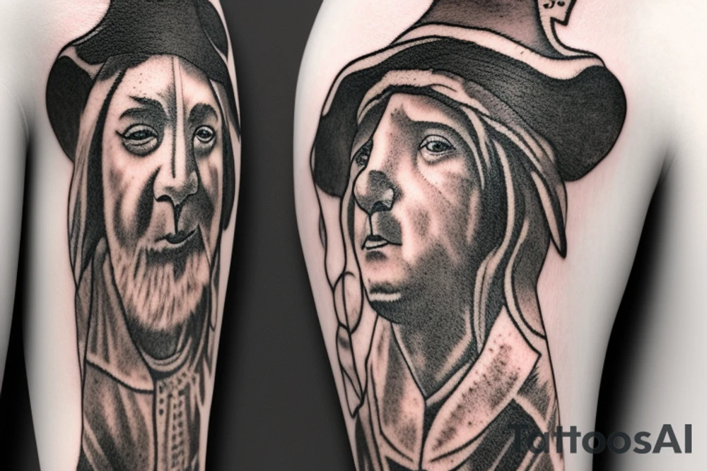the design e shows a black and white drawing of a shepherd with a sheep. The shepherd is a man wearing a long robe and a hat. He is holding a staff in one hand and leading a sheep with the other. The sheep is a white animal with brown spots. It is following the shepherd closely. There is no background in the tattoo. tattoo idea