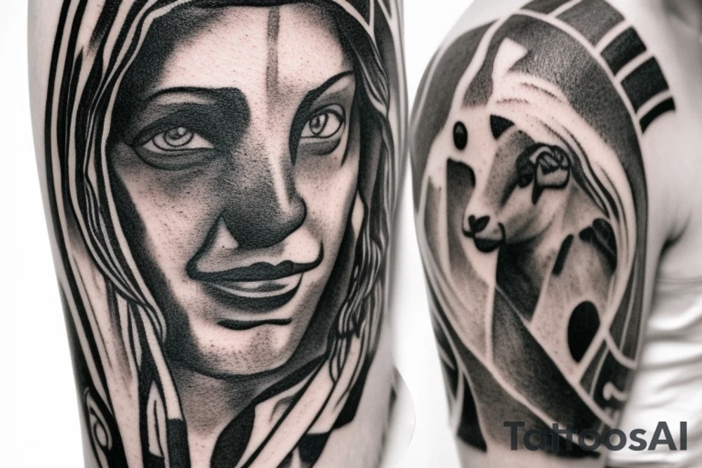 the design e shows a black and white drawing of a shepherd with a sheep. The shepherd is a man wearing a long robe and a hat. He is holding a staff in one hand and leading a sheep with the other. The sheep is a white animal with brown spots. It is following the shepherd closely. There is no background in the tattoo. tattoo idea
