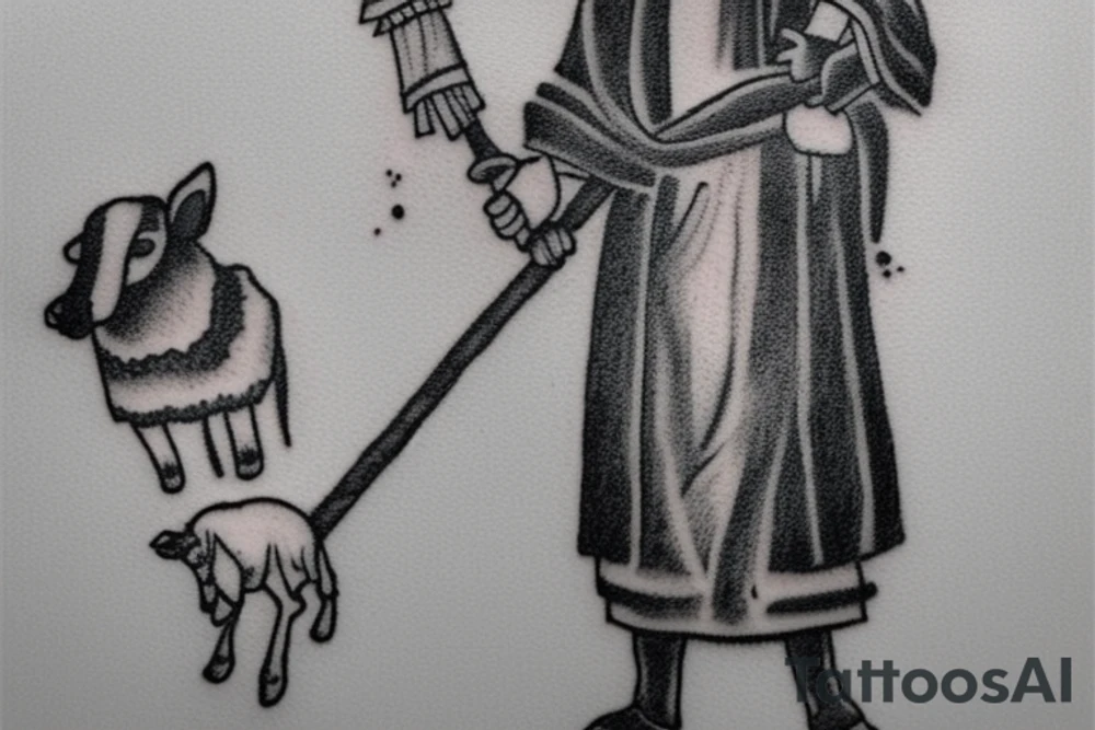 the design e shows a black and white drawing of a shepherd with a sheep. The shepherd is a man wearing a long robe and a hat. He is holding a staff in one hand and leading a sheep with the other. The sheep is a white animal with brown spots. It is following the shepherd closely. There is no background in the tattoo. tattoo idea